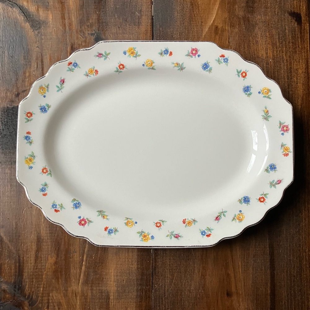 W.S. George White and Yellow Pink Blue Floral Design 12” Platter with Gold Trim